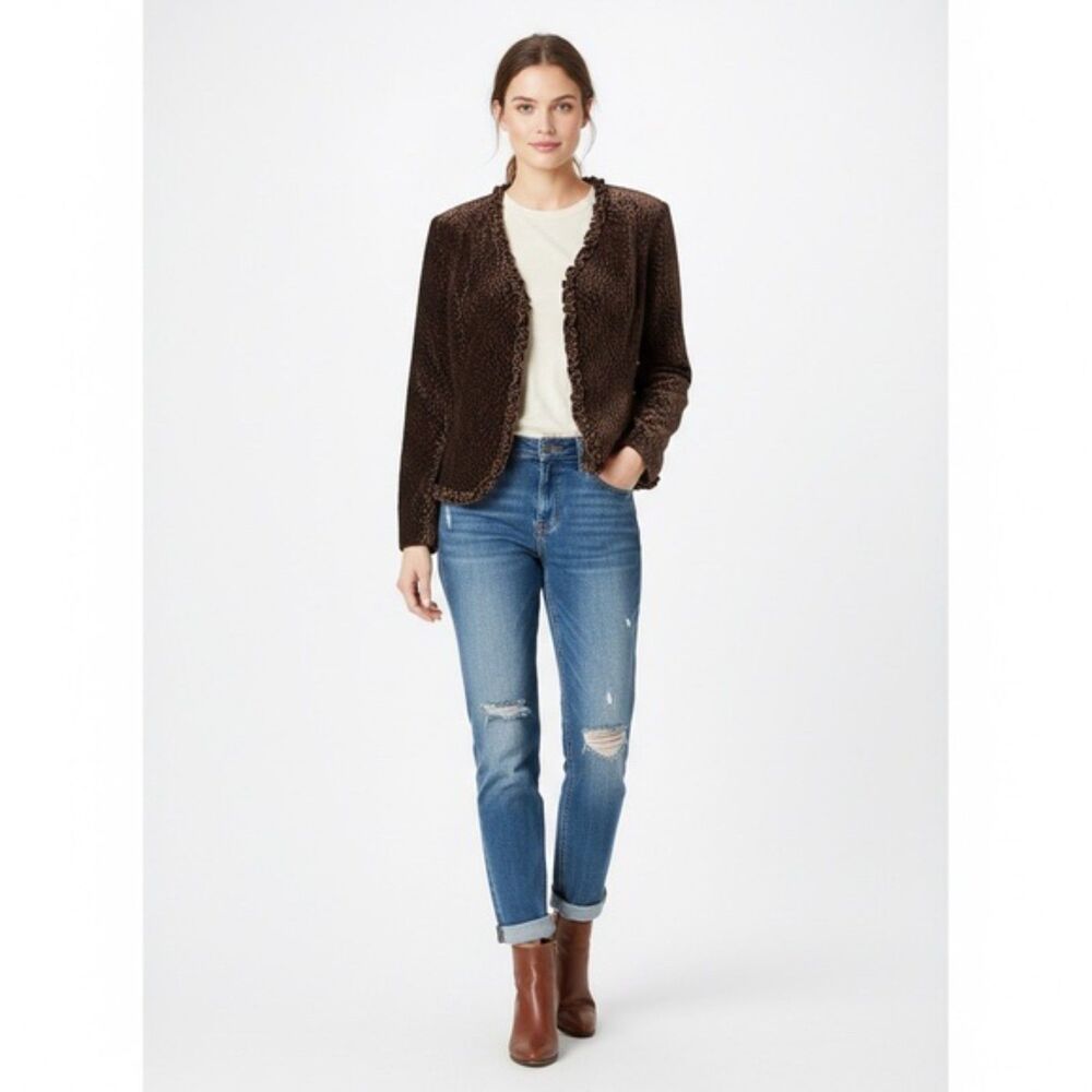 Emma James VTG-Inspired Textured Espresso Ruffle Open Front Blazer Jacket SZ 14 - Picture 2 of 15